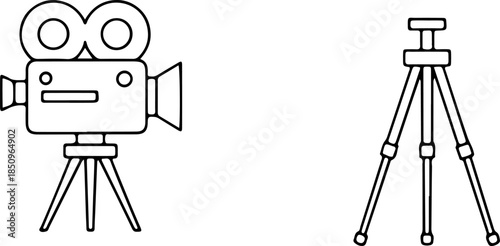 Professional movie camera on tripod and separate camera stand line art icons set isolated on white background for cinema production and filmmaking design.