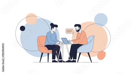 Business Meeting with Two Professionals Collaborating on Laptop in Modern Office Setting