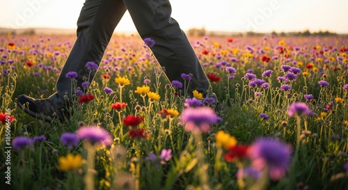 Person Walking Through Beautiful Flower Field During Sunset in Vibrant Nature Landscape