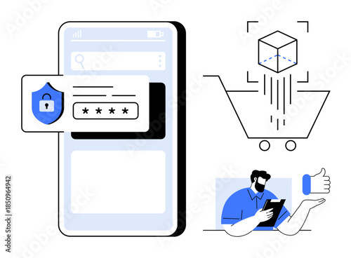 Cybersecurity, online shopping, data encryption, user authentication, digital services, e-commerce. Mobile device with password entry, shopping cart and person with tablet. Cybersecurity and online