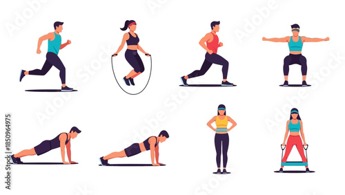 Diverse people engaged in various fitness activities for healthy lifestyle illustration