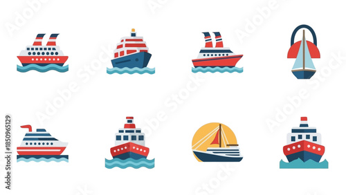 Vector Illustration of Different Types of Water Transport, from Cruise Liners to Sailboats, on