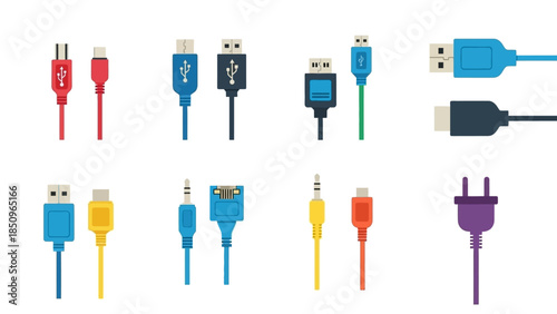 Colorful assortment of computer and electronic cables on a white background illustration