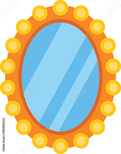 Oval makeup mirror with light bulbs is reflecting beauty in a dressing room