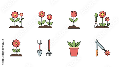 Vector Illustration of Garden Tools and Flowers in Pots for Gardening and Landscaping Projects