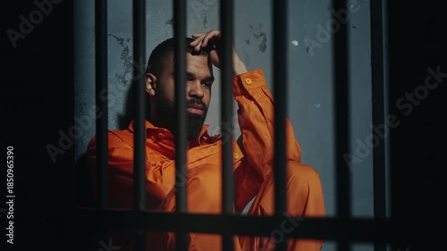 Sad African American male prisoner sitting on cell floor, overwhelmed by remorse