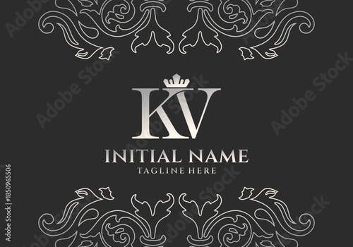 KV Elegant Initial Logo – Luxury Monogram with Crown and Classic Floral Ornamen	
