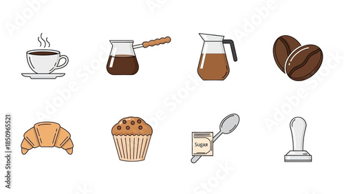 A delightful collection of coffee brewing equipment and breakfast pastries icons