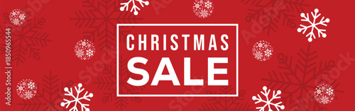 Festive red Christmas sale banner with bold white CHRISTMAS SALE text in a frame, decorative snowflakes, stars and ribbon bows, modern seasonal promotion background for winter holiday retail marketing