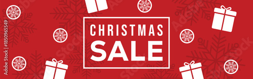 Festive red Christmas sale banner with bold white CHRISTMAS SALE text in a frame, decorative snowflakes, stars and ribbon bows, modern seasonal promotion background for winter holiday retail marketing
