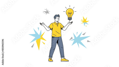 Creative person balancing ideas and innovation with a lightbulb overhead symbolizing inspiration