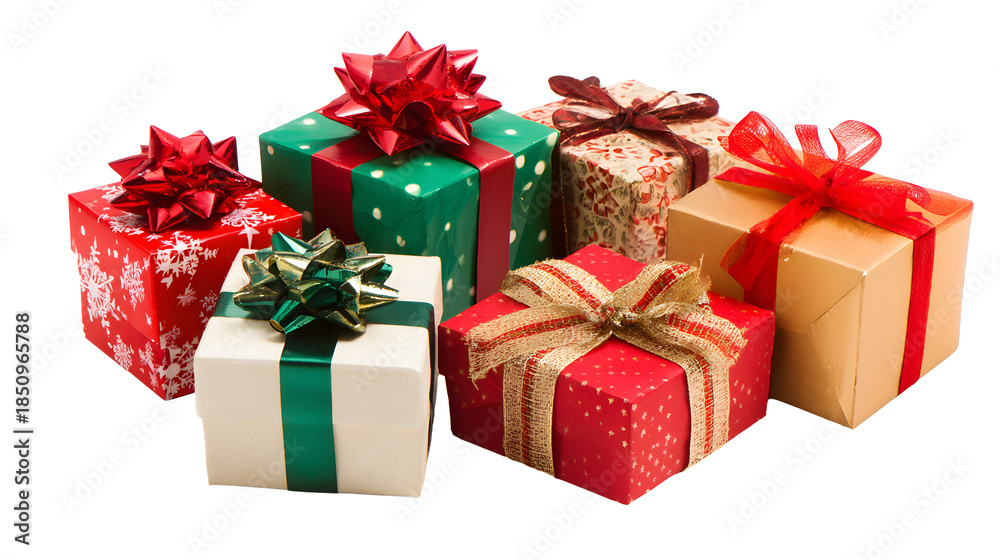 Obraz premium A collection of colorful wrapped gifts with bows, featuring red, green, and gold designs, arranged in a festive manner