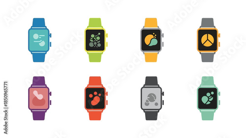 Modern Smartwatch Collection with Varied App Icons and Colorful Straps Design Concept