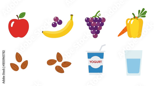 Healthy foods for a balanced diet representing a cartoon fruit vegetable collection