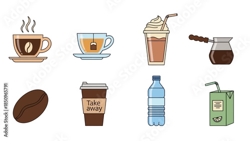Illustration of various refreshing drinks including coffee tea juice and water vector art