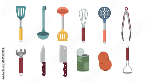 Colorful Kitchen Utensils and Food Items Isolated on White Background for Culinary Designs