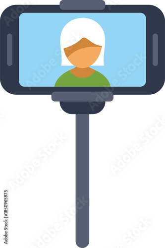 Selfie on smartphone screen with monopod showing a woman taking a self portrait