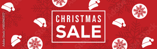 Festive red Christmas sale banner with bold white CHRISTMAS SALE text in a frame, decorative snowflakes, stars and ribbon bows, modern seasonal promotion background for winter holiday retail marketing