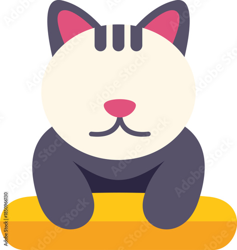 Adorable cartoon cat relaxing on a yellow mat, perfect for children's books, greeting cards, or any project needing a touch of feline charm