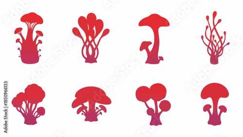 Diverse Mushroom Shapes in Red Gradient Silhouettes Set Against a White Background