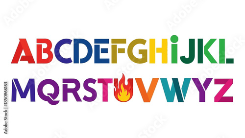 Alphabet with colorful letters and a flame character innovative font design full alphabet