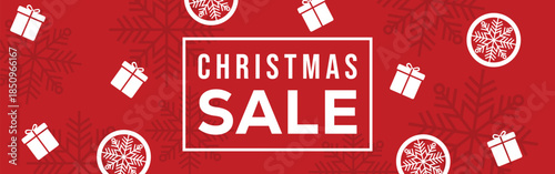 Festive red Christmas sale banner with bold white CHRISTMAS SALE text in a frame, decorative snowflakes, stars and ribbon bows, modern seasonal promotion background for winter holiday retail marketing