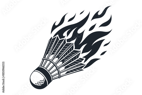 Badminton shuttlecock vector with fiery motion effect, feather cock flying fast, dynamic sports illustration, modern flat design, isolated on white background, energetic motion line
