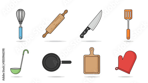 Various kitchen utensils vector illustration featuring cooking tools for food preparation with