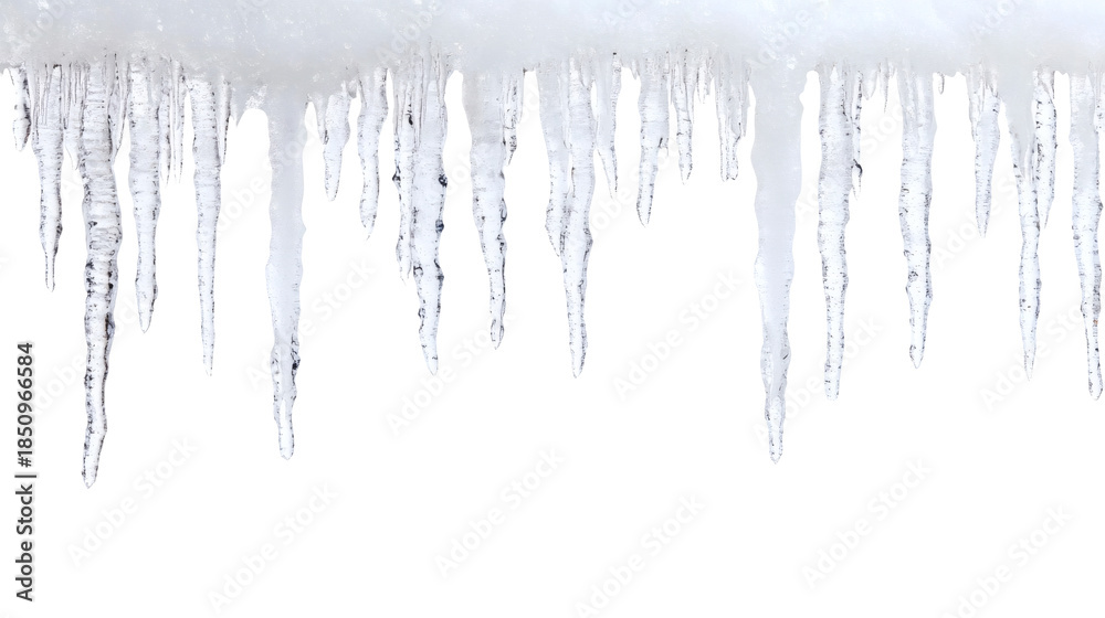 Naklejka premium Icicles hanging in clean geometric forms, creating a sharp and cold visual texture against a stark white background. Winter Wonderland from a Frozen Surface with copy space.