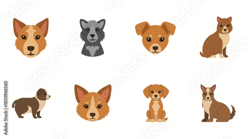 Adorable collection of eight cartoon dog breeds on a clean white background in a vector design