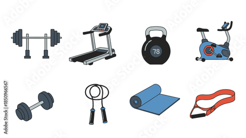 Diverse gym equipment cartoon illustration showcasing fitness and exercise options available