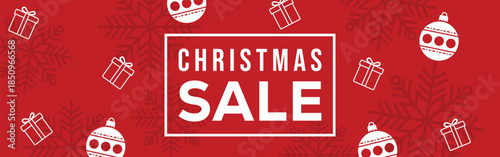 Festive red Christmas sale banner with bold white CHRISTMAS SALE text in a frame, decorative snowflakes, stars and ribbon bows, modern seasonal promotion background for winter holiday retail marketing