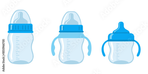 Baby bottles and sippy cup vector illustration set