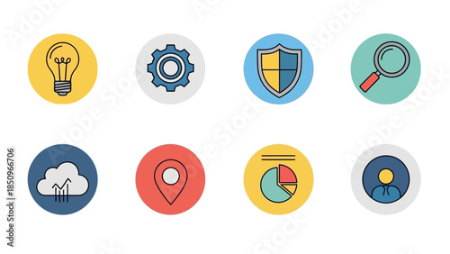 Collection of Colorful Business and Technology Icon Set Representing Modern Concepts and Solutions