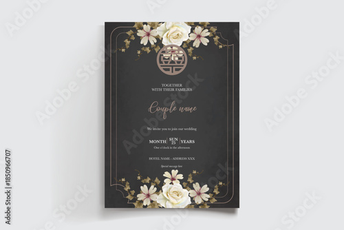 WEDDING INVITATION FRAME WITH FLOWER DECORATIONS AND FRESH LEAVES