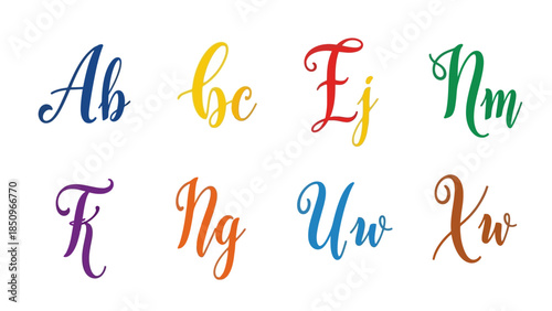 Colorful handwritten alphabet letters in various styles ideal for decorative design projects