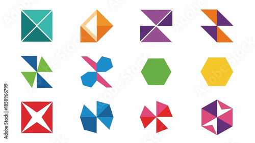 Collection of vibrant geometric shapes for logo design featuring squares hexagons and triangles