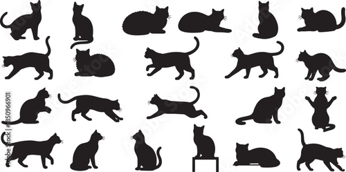 Playful black cat silhouettes in various poses including jumping sitting and walking for pet design.