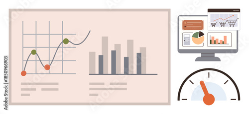 Chart trends, bar graphs, analytics dashboard, and performance speed meter reflecting data evaluation. Ideal for business, analytics, finance, tracking monitoring stats forecasting. Simple flat