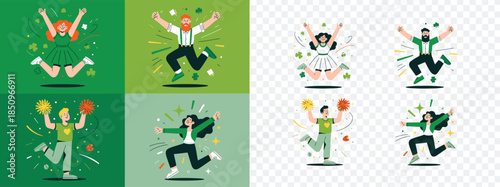 Cheerful individuals jumping high with shamrocks and pom poms celebrating a festive holiday