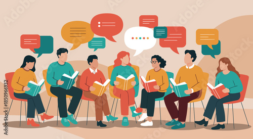 Writers and Readers Panel Discussion Flat Design Vector Illustration