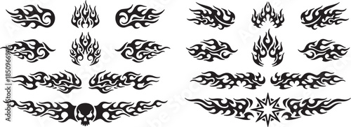 Dynamic black fire flame graphics and tribal burning elements for sports racing and hot rod decals.