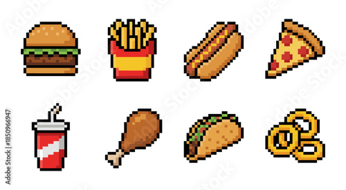 Pixel art fast food collection representing classic tasty dishes