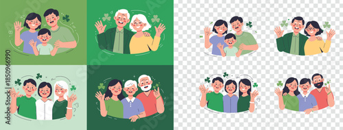 Diverse families and friends happily waving hello celebrating the festive Irish tradition