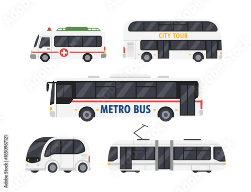 City public transport vehicles set featuring an ambulance and tram