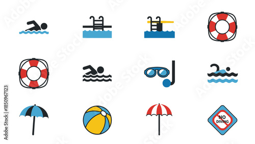 Collection of swimming icons representing pool activities and safety regulations for aquatic