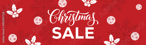 Festive red Christmas sale banner with bold white CHRISTMAS SALE text in a frame, decorative snowflakes, stars and ribbon bows, modern seasonal promotion background for winter holiday retail marketing