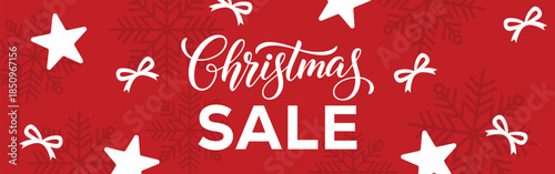Festive red Christmas sale banner with bold white CHRISTMAS SALE text in a frame, decorative snowflakes, stars and ribbon bows, modern seasonal promotion background for winter holiday retail marketing