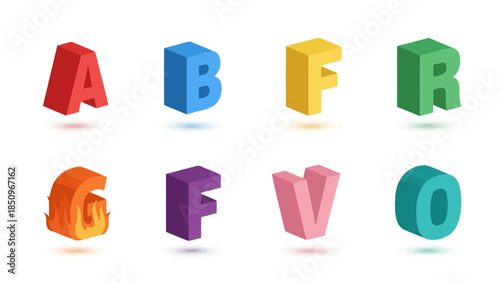 Isometric colorful alphabet letters A, B, F, G, F, O, R, V arranged isolated on white background