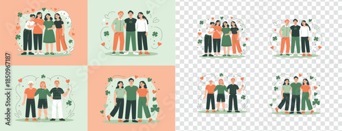 Diverse groups of friends and families embracing in unity surrounded by shamrock symbols
